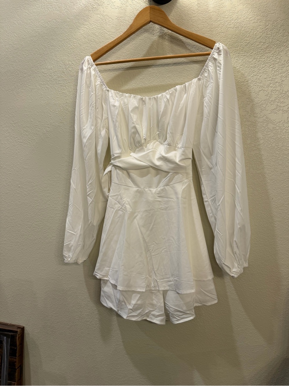 Lanier White Long Sleeve Off-Shoulder Mini Dress zip back, side tie. NWOT